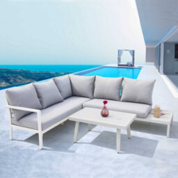 Dellonda Kyoto White 3 Piece Outdoor Garden Corner Sofa & Coffee Table Set White - thumbnail 2