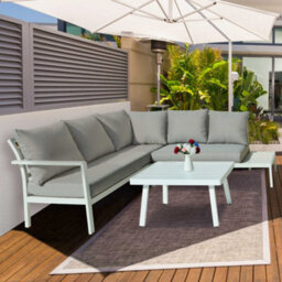 Dellonda Kyoto White 3 Piece Outdoor Garden Corner Sofa & Coffee Table Set White - thumbnail 3