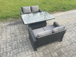 Fimous 3 Pieces Garden Furniture Sets Poly Rattan Outdoor Patio Height Adjustable Rising Lifting Table Sofa Dining Set - thumbnail 1