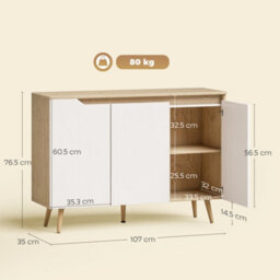 Homcom Sideboard Storage Cabinet With 5 Rubberwood Legs, White And Oak - thumbnail 3
