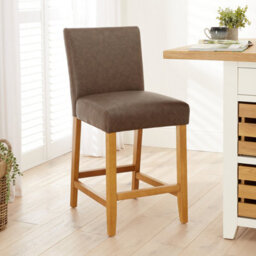 The Furniture Market Monty Brown Faux Leather Bar Stool Modern Minimalist Design Natural Oak Solid Wood Legs Comfortable Seat Kitchen Counter Stool - thumbnail 1