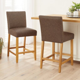 The Furniture Market Monty Brown Faux Leather Bar Stool Modern Minimalist Design Natural Oak Solid Wood Legs Comfortable Seat Kitchen Counter Stool - thumbnail 3