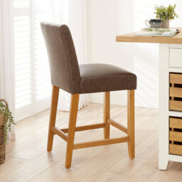 The Furniture Market Monty Brown Faux Leather Bar Stool Modern Minimalist Design Natural Oak Solid Wood Legs Comfortable Seat Kitchen Counter Stool - thumbnail 2