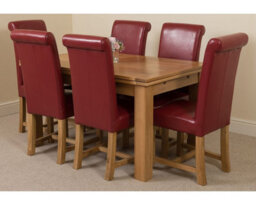 That's Furniture Richmond 140Cm - 220Cm Oak Extending Dining Table And 6 Chairs Dining Set With Washington Burgundy Leather Chairs