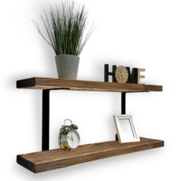 MKGT 60Cm Double Rustic Wooden Shelves Wall-Mounted Shelf With Seated Black L Brackets (Walnut) - thumbnail 1