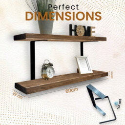 MKGT 60Cm Double Rustic Wooden Shelves Wall-Mounted Shelf With Seated Black L Brackets (Walnut) - thumbnail 2