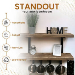 MKGT 60Cm Double Rustic Wooden Shelves Wall-Mounted Shelf With Seated Black L Brackets (Walnut) - thumbnail 5