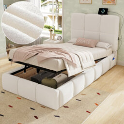 Modernluxe 3Ft Single Bed, 90X190 Cm, Ottoman Bed, Hydraulic Bed, With Upholstered Headboard, Bouclé, Beige - thumbnail 1
