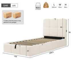 Modernluxe 3Ft Single Bed, 90X190 Cm, Ottoman Bed, Hydraulic Bed, With Upholstered Headboard, Bouclé, Beige - thumbnail 4