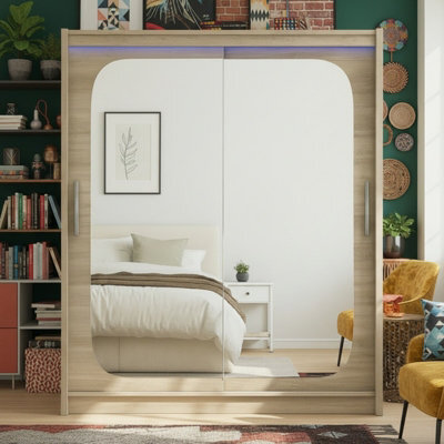 Bega Viii 180 Sliding Door Wardrobe Modern Sonoma Design With Mirror Hanging Rail And Spacious Shelves With Led - image 1