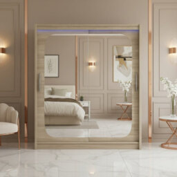 Bega Viii 180 Sliding Door Wardrobe Modern Sonoma Design With Mirror Hanging Rail And Spacious Shelves With Led - thumbnail 4