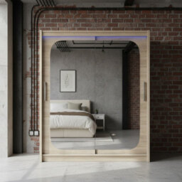 Bega Viii 180 Sliding Door Wardrobe Modern Sonoma Design With Mirror Hanging Rail And Spacious Shelves With Led - thumbnail 5
