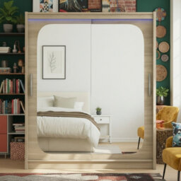 Bega Viii 180 Sliding Door Wardrobe Modern Sonoma Design With Mirror Hanging Rail And Spacious Shelves With Led - thumbnail 1