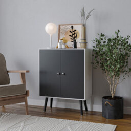 Urbn-Living Urbnliving 60Cm Height 2 Tier White Wooden Bookcase With Black Door Scandinavian Style Black Legs Bedroom Shelf - thumbnail 1