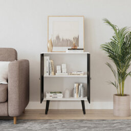 Urbn-Living Urbnliving 60Cm Height 2 Tier White Wooden Bookcase With Black Door Scandinavian Style Black Legs Bedroom Shelf - thumbnail 2