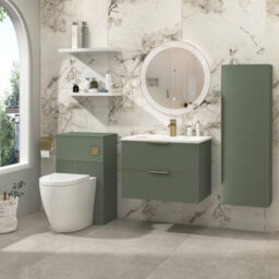 Royal Bathrooms Evora 700mm Sage Green Fluted Wall Hung Bathroom Vanity Unit 2 Drawer Cabinet Storage With Stone Basin & Brushed Brass Handles - thumbnail 2