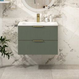 Royal Bathrooms Evora 700mm Sage Green Fluted Wall Hung Bathroom Vanity Unit 2 Drawer Cabinet Storage With Stone Basin & Brushed Brass Handles