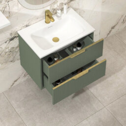 Royal Bathrooms Evora 700mm Sage Green Fluted Wall Hung Bathroom Vanity Unit 2 Drawer Cabinet Storage With Stone Basin & Brushed Brass Handles - thumbnail 3