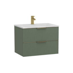 Royal Bathrooms Evora 700mm Sage Green Fluted Wall Hung Bathroom Vanity Unit 2 Drawer Cabinet Storage With Stone Basin & Brushed Brass Handles - thumbnail 7