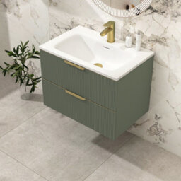Royal Bathrooms Evora 700mm Sage Green Fluted Wall Hung Bathroom Vanity Unit 2 Drawer Cabinet Storage With Stone Basin & Brushed Brass Handles - thumbnail 4