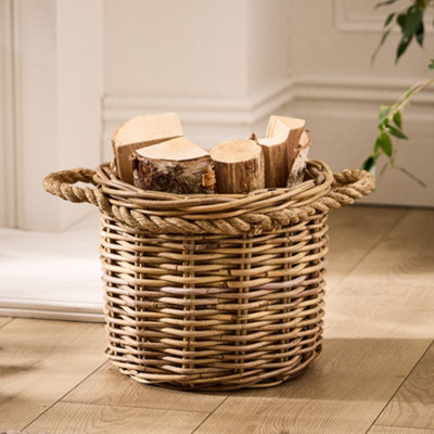 Dibor Traditional Round Small Wicker Log Basket With Rope Handles H25 X L31 X W31Cm - image 1