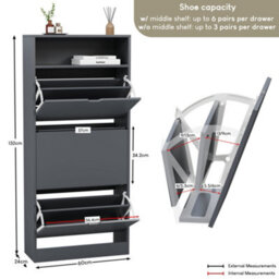 Lassic Vida Designs 3 Drawer Shoe Cabinet With Shelf For Hallway Shoe Cupboard Organiser Up To Size 10, H 132 X W 60 X D 24 Cm, Grey - thumbnail 3