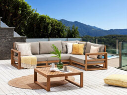 Beliani Garden Corner Sofa With Table 4 Seater Timor Left Hand Modular Certified Acacia Wood Light Brown - thumbnail 2