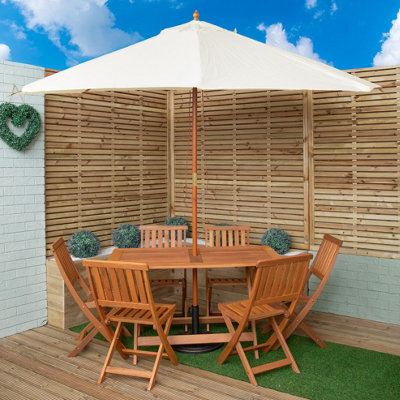 Samuel Alexander Outdoor 6 Person Folding Rectangular Wooden Garden Dining Table Chairs Cream Parasol And Base Set - image 1