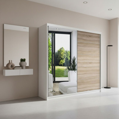 Vista 05 Sliding Door Wardrobe 150X200X61Cm Modern Wardrobe With Mirror White Mat Sonoma Finish - image 1