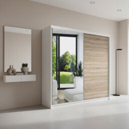 Vista 05 Sliding Door Wardrobe 150X200X61Cm Modern Wardrobe With Mirror White Mat Sonoma Finish - thumbnail 1