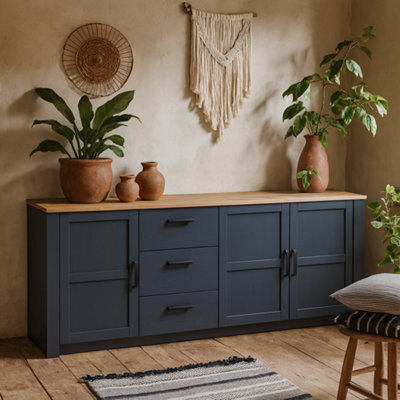 Wyld Haus Bramblecroft Large Navy Sideboard With Natural Oak Top 3 Door 3 Drawer - image 1
