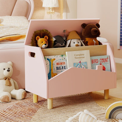 Gainoom Wooden Pink Toy Box Kids Toy Storage Box Kid Toy Storage Chest Bookcase W/ Safety Hinge - image 1