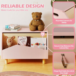 Gainoom Wooden Pink Toy Box Kids Toy Storage Box Kid Toy Storage Chest Bookcase W/ Safety Hinge - thumbnail 7