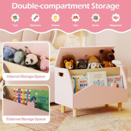 Gainoom Wooden Pink Toy Box Kids Toy Storage Box Kid Toy Storage Chest Bookcase W/ Safety Hinge - thumbnail 6