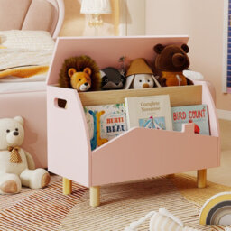Gainoom Wooden Pink Toy Box Kids Toy Storage Box Kid Toy Storage Chest Bookcase W/ Safety Hinge
