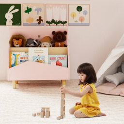 Gainoom Wooden Pink Toy Box Kids Toy Storage Box Kid Toy Storage Chest Bookcase W/ Safety Hinge - thumbnail 3