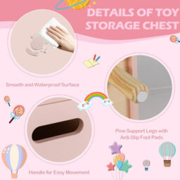 Gainoom Wooden Pink Toy Box Kids Toy Storage Box Kid Toy Storage Chest Bookcase W/ Safety Hinge - thumbnail 8