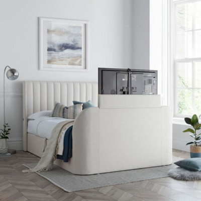 Luther Natural Fabric Winged Ottoman Electric Media Tv Bed Frame - 6Ft Super King Size - image 1