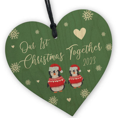 Red Ocean Our First Christmas Together 2023 Christmas, Hanging Wooden Heart Bauble Tree Decoration, 1St Christmas - image 1