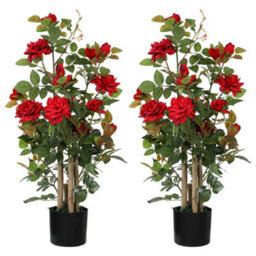 Artificial Rose Tree Set Of 2 With 344 Silk Leaves & 17 Flowers, Red