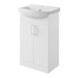 GoodHome Veleka Gloss White Freestanding Vanity Unit & Basin Set With Chrome Effect Tap - Includes 2 Door Vanity (W)550mm (H)900mm - thumbnail 2