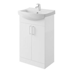 GoodHome Veleka Gloss White Freestanding Vanity Unit & Basin Set With Chrome Effect Tap - Includes 2 Door Vanity (W)550mm (H)900mm - thumbnail 1
