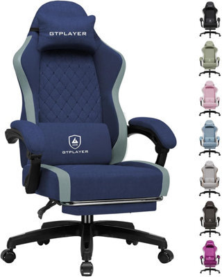 Luckracer Fabric Gaming Chair With Footrest, Ergonomic Computer Desk Chair With Pocket Spring Cushion Home Office Chair, Dark Blue - image 1