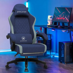 Luckracer Fabric Gaming Chair With Footrest, Ergonomic Computer Desk Chair With Pocket Spring Cushion Home Office Chair, Dark Blue - thumbnail 2