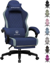 Luckracer Fabric Gaming Chair With Footrest, Ergonomic Computer Desk Chair With Pocket Spring Cushion Home Office Chair, Dark Blue - thumbnail 1
