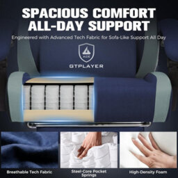 Luckracer Fabric Gaming Chair With Footrest, Ergonomic Computer Desk Chair With Pocket Spring Cushion Home Office Chair, Dark Blue - thumbnail 5