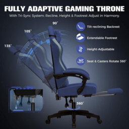 Luckracer Fabric Gaming Chair With Footrest, Ergonomic Computer Desk Chair With Pocket Spring Cushion Home Office Chair, Dark Blue - thumbnail 4