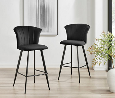 Furniturebox Juniper Black Soft Touch Velvet Fluted Art Deco Bar Stools With Black Legs (Set Of 2) - image 1