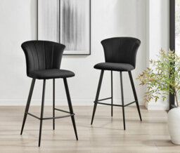 Furniturebox Juniper Black Soft Touch Velvet Fluted Art Deco Bar Stools With Black Legs (Set Of 2) - thumbnail 1