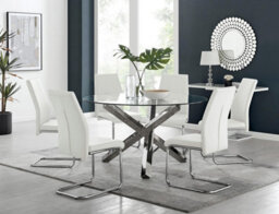 Furniturebox Uk Vogue Large Round Chrome Metal Clear Glass Dining Table And 6 White Lorenzo Dining Chairs Set - thumbnail 1